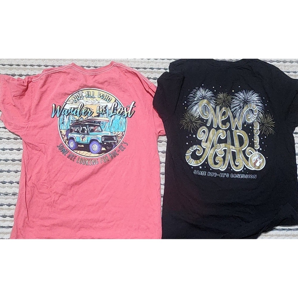 Lot of 2 Buc-ee's Mens Graphic T-Shirts Pink Wander + Black 2025 New Years Sz L